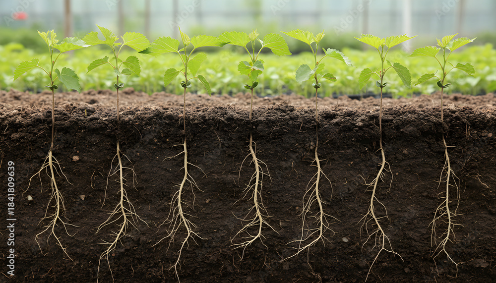 Fototapeta premium Growing plants with visible roots in soil cross-section