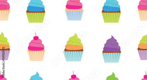 A repeating pattern illustration featuring vibrant and colorful cupcakes set against a plain white background