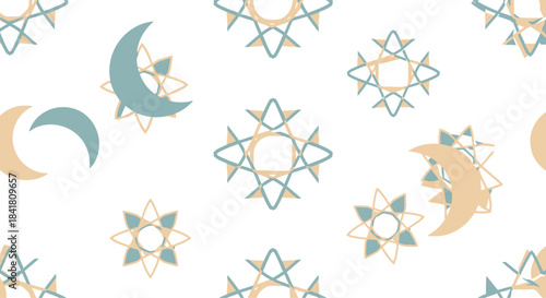 Minimalist seamless celestial pattern with crescent moons and geometric star shapes
