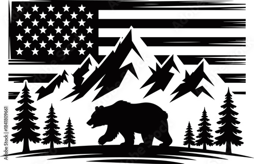 Black Silhouette Vector of a Bear and Pine Trees in Front of Jagged Mountains Overlaid with a Distressed American Flag Design.