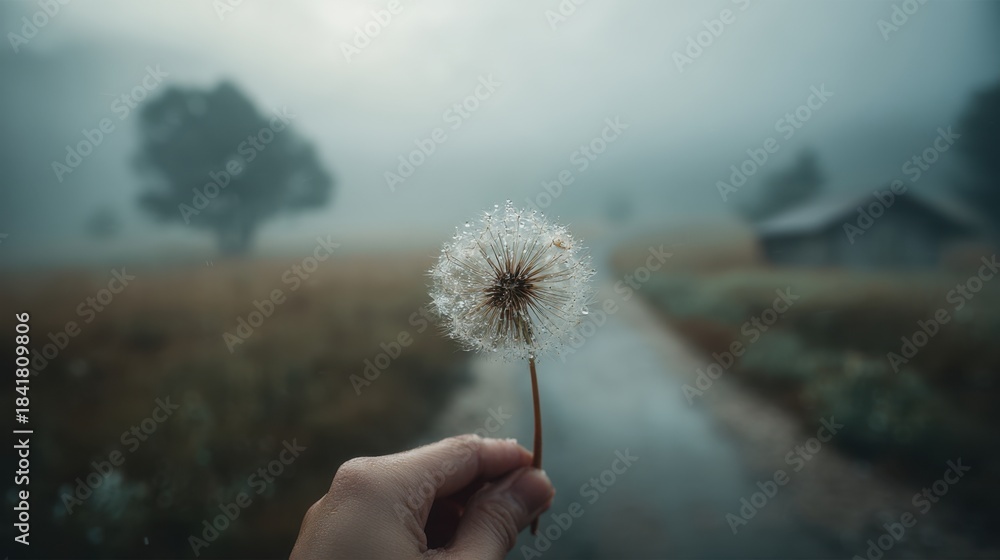 Fototapeta premium A hand holds a dandelion puff against a misty field. Trees are visible in the background along with a small house. The scene captures early morning light and fog.