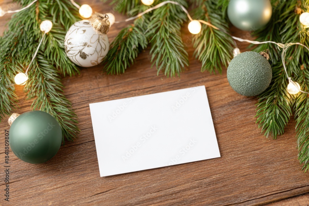 Fototapeta premium Mockup of an empty horizontal card on a wooden surface surrounded by festive decorations, including green and white ornaments, creating a warm holiday atmosphere with copy space