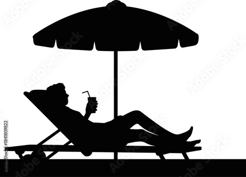 Black Silhouette Vector of a Person Relaxing in a Lounge Chair Under a Beach Umbrella, Sipping a Cocktail or Drink, Representing Summer Vacation and Leisure.