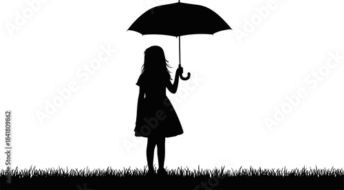 Black Silhouette Vector of a Woman Standing Alone with an Umbrella in the Grass, Representing Rain, Autumn, Sadness, or Simple Rainy Day Protection.
