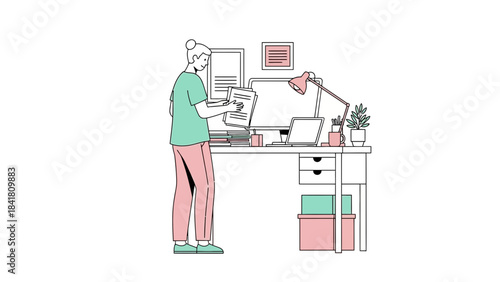 Illustration of a person reviewing a document while working at a desk in the office
