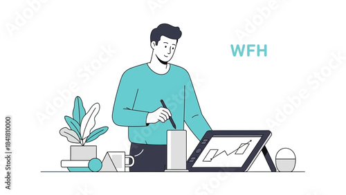 Illustration depicting a person working from home, using a tablet at their desk without commas