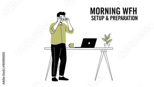 Illustration depicting a person working from home and preparing for the day's work