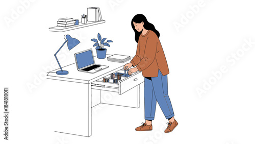 Illustration depicting a woman organizing at her desk with a laptop and supplies