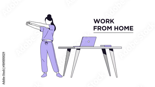 Illustration depicting work from home lifestyle with a woman stretching next to a desk