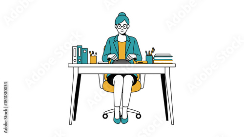 Illustration of a business woman working at a desk with office supplies and a minimalist design