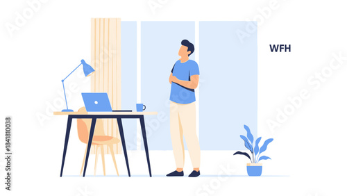 Illustration depicting work from home with a person, laptop, desk, and a relaxed atmosphere