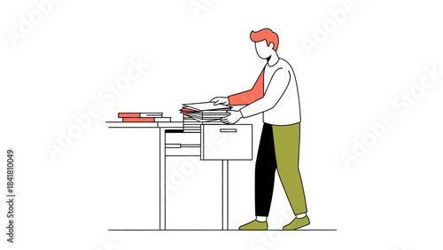 Illustration of a Man Arranging Documents on a Desk, Office Activity