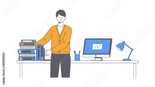 Illustration of a Man Arranging Books and Working at a Desk with a Computer no comma