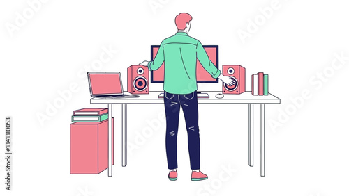 Illustration of a Man Arranging Speakers at His Desk, Back View, Minimalist Design