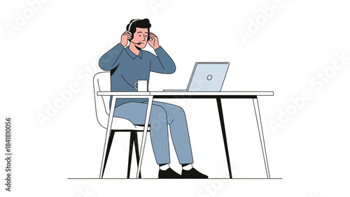 Illustration of a customer service representative wearing a headset and working at a laptop