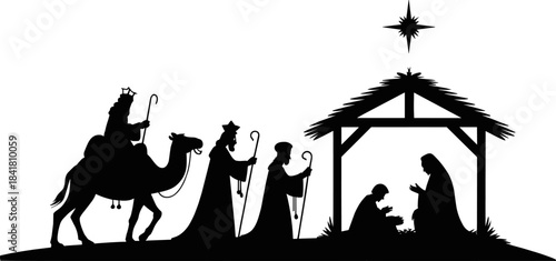 Black Silhouette Vector of the Three Wise Men (Magi) Arriving by Camel to the Nativity Scene to Visit Baby Jesus, Mary, and Joseph in the Stable.
