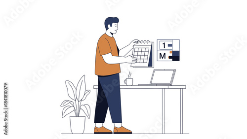 Illustration of a man checking a calendar in a workstation setting design