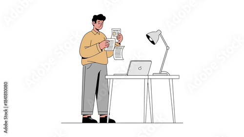 Illustration of a man checking documents at his desk with a laptop and lamp