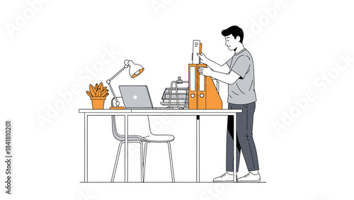 Illustration of a man organizing files at an office desk in a minimalist style