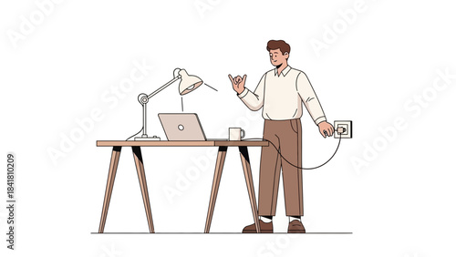 Illustration of a man plugging in a laptop on a wooden desk with a lamp