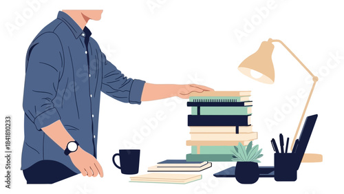 Illustration of a man reaching for a stack of books with desk lamp and laptop on his desk