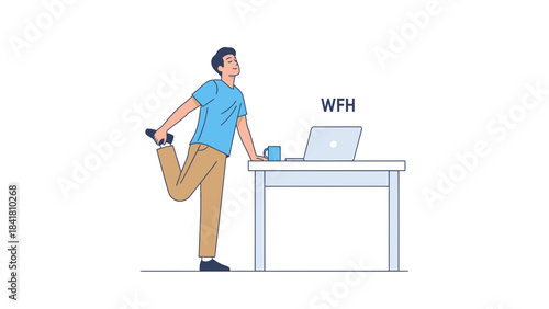 Illustration of a Man Stretching While Working From Home Near Laptop