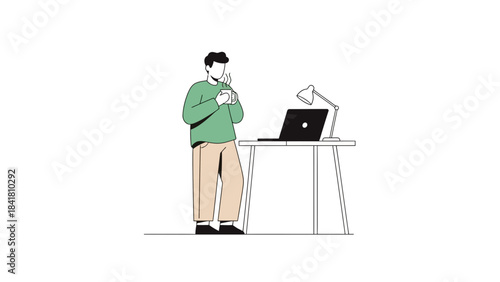 Illustration of a man taking a coffee break while working on his laptop at home