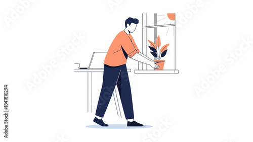 Illustration of a man taking care of a plant near a window in a flat design style