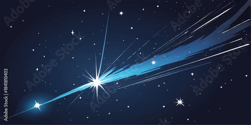 An abstract blue background with bright, sparkling stars forms a magical, dark night sky illustration of a cosmic winter holiday design