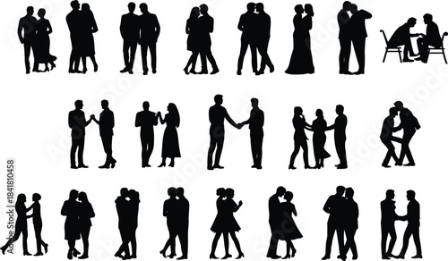 Romantic couple silhouette collection featuring walking, hugging, dancing, holding hands and love gestures for relationship, wedding, lifestyle themes, vector illustration design