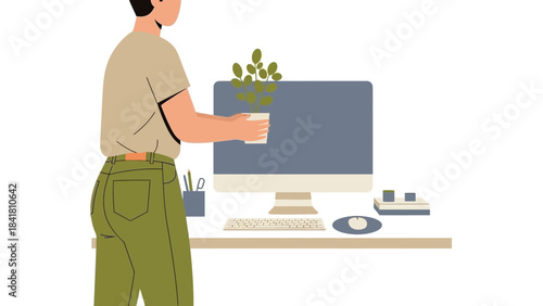 Illustration of a Person Adding Small Plants to a Computer Workspace at Home or Office