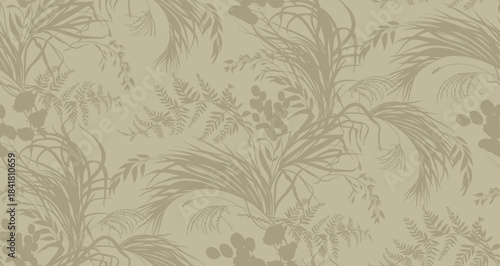 A seamless botanical beige pattern with plant silhouettes in vector for textiles and wallpaper design. Vector illustration