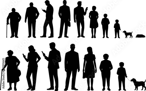Diverse group of people multi-generational silhouette set including men women children and seniors standing walking or using a mobile phone isolated