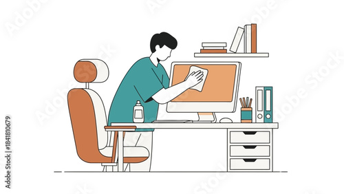 Illustration of a person cleaning a computer monitor at a workspace desk