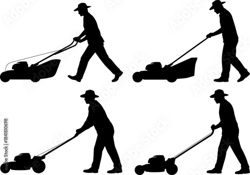 Black Silhouette Vector Set of Men Wearing Hats and Operating Different Types of Lawn Mowers, Representing Gardening and Yard Work.