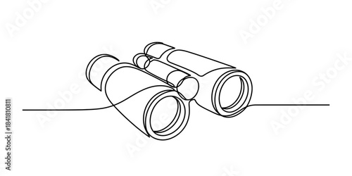 Minimalist single line drawing of binoculars, symbolizing exploration, vision, and discovery with a clean, modern aesthetic on a white background. Vector, illustration