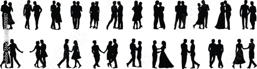 Romantic couple silhouettes featuring walking, dancing and holding poses for love, relationship, wedding and lifestyle concepts in creative vector illustration design