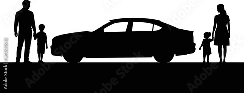 Family travel by car black silhouette vector illustration with parents and two children standing next to modern sedan vehicle isolated on white