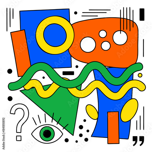 Abstract geometric composition with vibrant colors, wavy lines, and symbolic elements like an eye and a question mark.