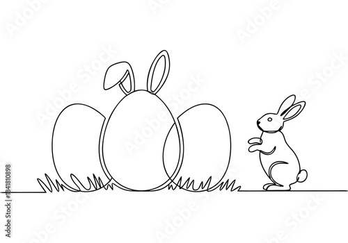 A minimalist line drawing depicts a charming Easter scene with a bunny and decorated eggs nestled in grass.
