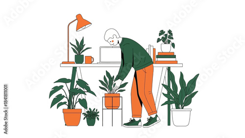 Illustration of a person tending to plants on a desk in a clean and modern style.