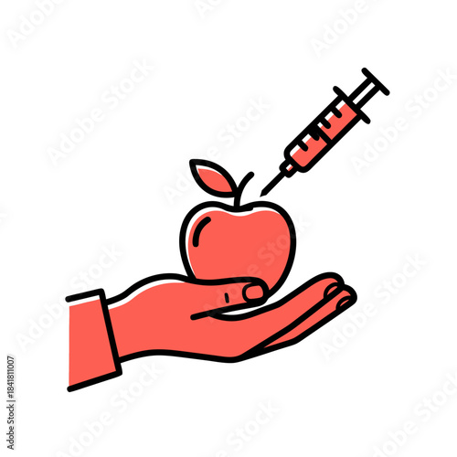 A hand holding an apple being injected with a syringe, symbolizing genetic modification or food enhancement.