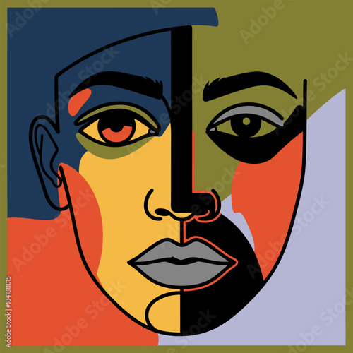 Abstract cubist portrait of a person's face with bold, contrasting colors and geometric shapes, depicting a modern art style.