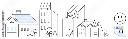 Renewable energy focus. Renewable energy in urban and residential buildings with solar panels and eco-friendly elements. Renewable energy promotes sustainability and green architecture. Suitable