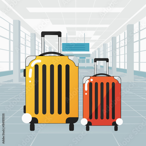 Two colorful suitcases, one yellow and one orange, standing in a bright airport terminal hallway, ready for travel.