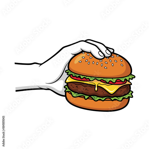 A hand is holding a delicious-looking cheeseburger with melted cheese, lettuce, and tomato.