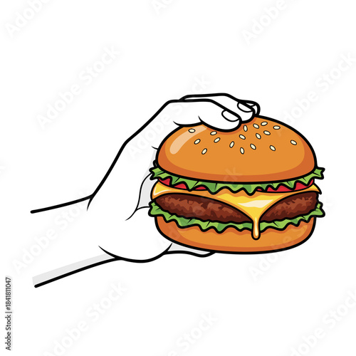 A cartoon illustration of a hand holding a delicious double cheeseburger with sesame seed bun, lettuce, and melted cheese.