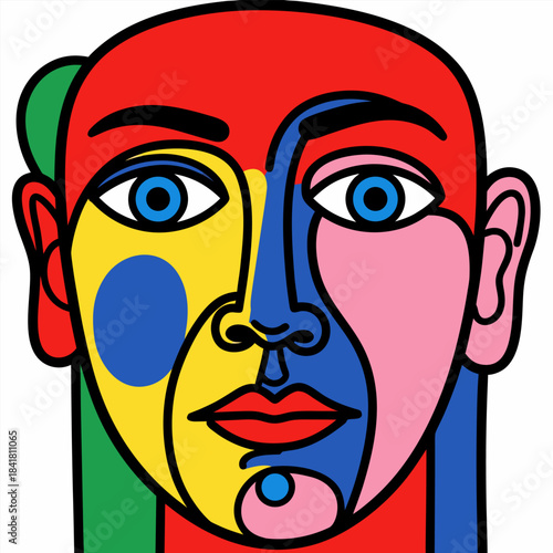 A vibrant abstract portrait of a human face with bold black outlines and segmented, contrasting colors.