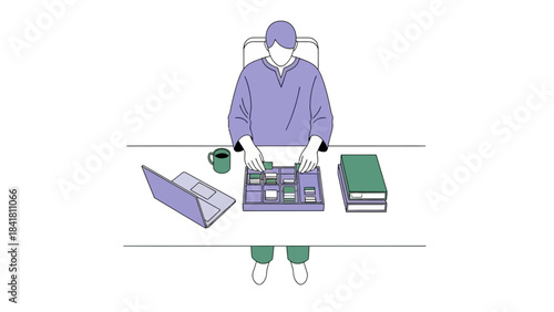 Illustration of a person working at a desk with a computer and various objects nearby