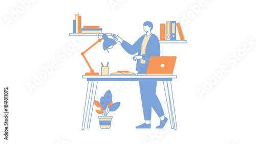 Illustration of a person working at a desk with a laptop and a desk lamp in a flat style